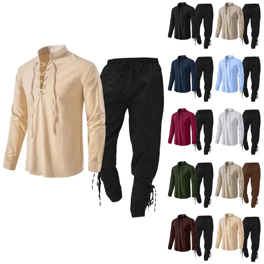 

Мужская хлопково-льняная рубашка с длинным рукавом и воротником-стойкой, повседневная, пляжная, в стиле Генри, новинка осеннего сезона, однотонная, для отдыха и спорта.