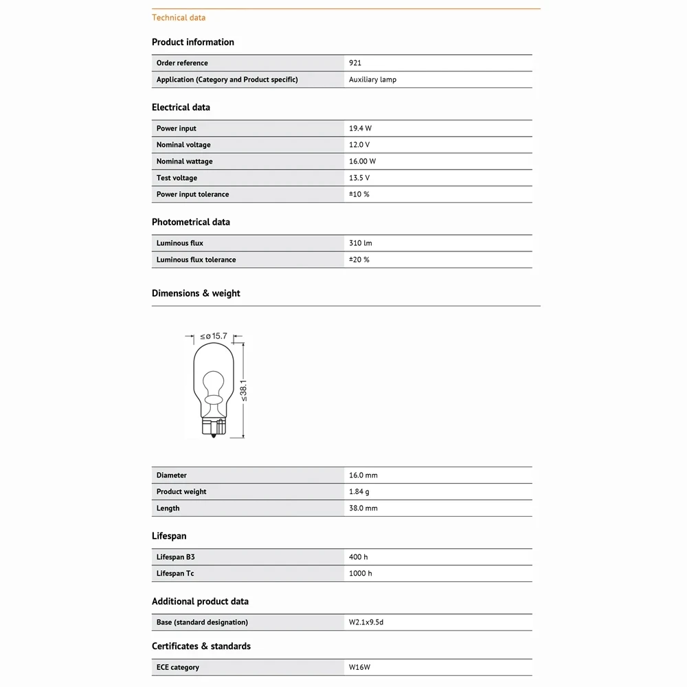 OSRAM 921 W16W 12V 16W W2.1x9.5d Car Standard Original Turn Signal Light Fog Reverse Light 310 lm Car Rear Indicator Light Bulb