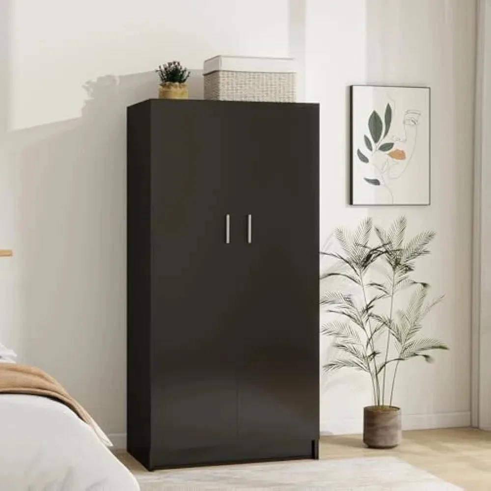 

2 Door Wardrobe Closet Bedroom Armoires with 2 Shelves Storage, Hanging Rail for Bedroom (Black)