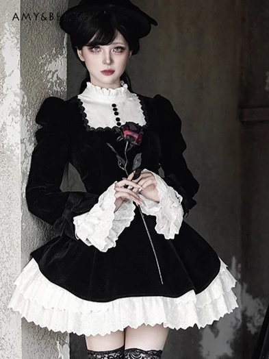 

Original Elegant Fairy Style OP Dresses Hepburn Style Lolita Puff Dress Slimming Color-Block Stand Collar Long Sleeve Long Dress