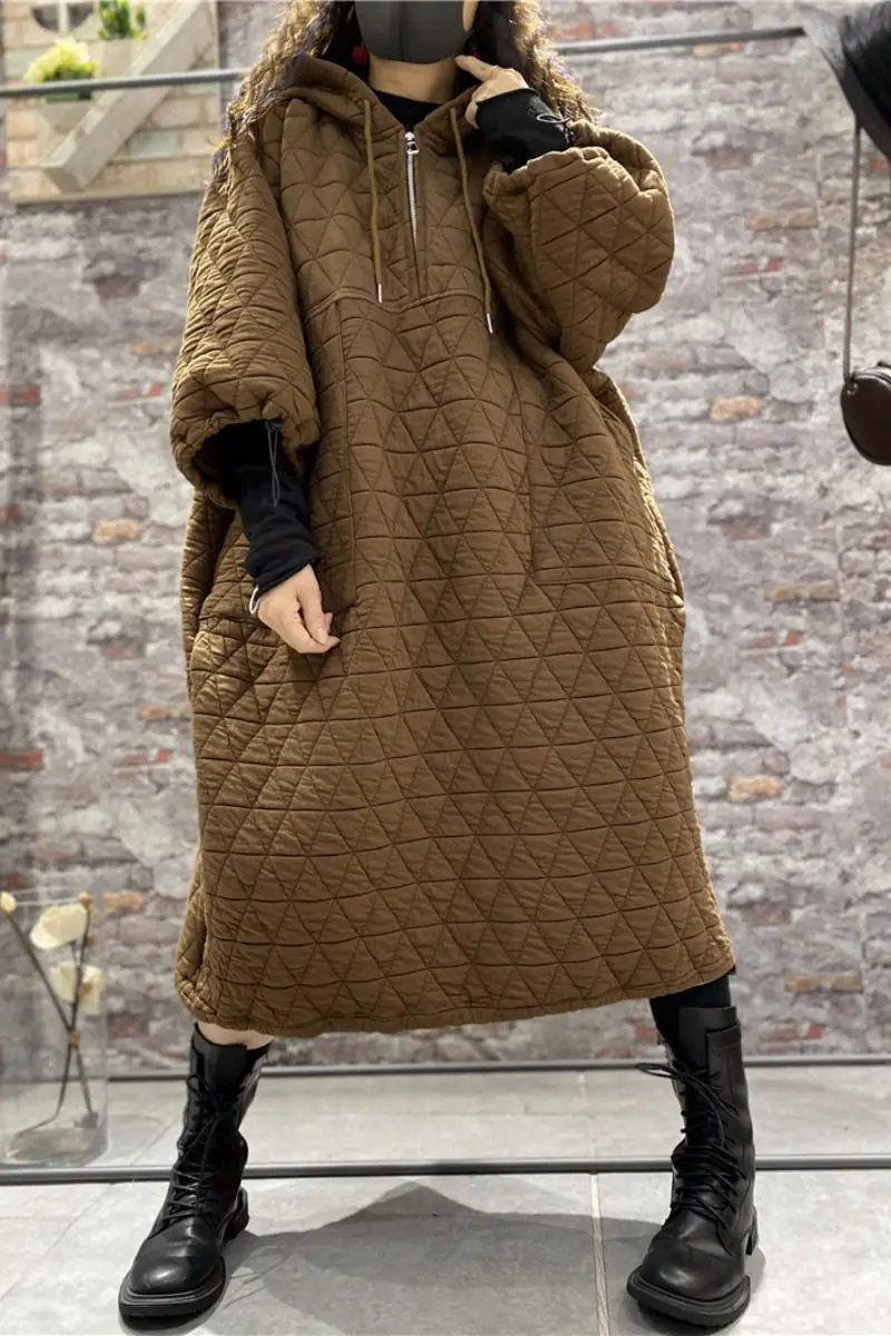 Oversized Women\'s Clothes Autumn And Winter Loose Lazy Cotton Padded Sweatshirt Dress Warm Rhombic Hoodie Quilted Jacket T1501