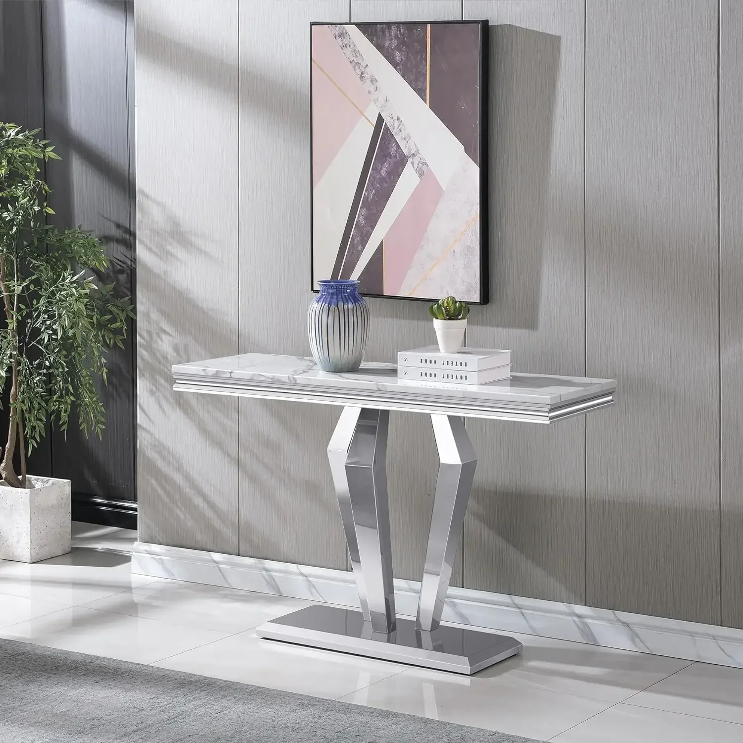 White Marble Console Table with Stainless Steel Diamond-Shaped Base, Faux Marble Top Console Table Narrow Console Table