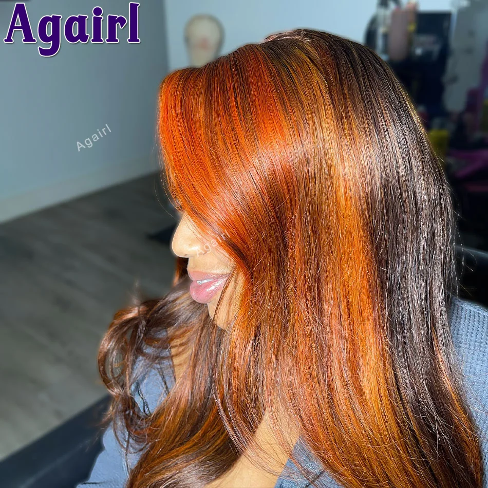 Highlight Orange Braun 13X6 13X4 Transparente Spitze Frontal Echthaar Perücken Ingwer Orange 30 32 Zoll Spitze Front Körper Welle Perücke 200 %