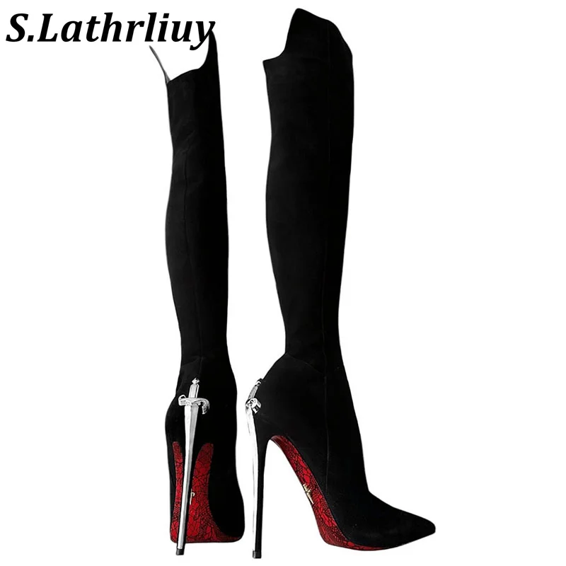 Schwarze Echtleder-Reißverschluss-Kniehohe Stiefel für Damen mit Dünnen Hohen Absätzen Herbst Britischer Stil Spitze Moderne Stiefel Zapatos De Mujer