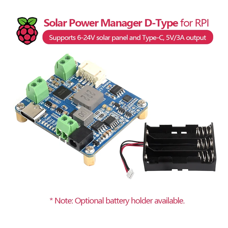 Solar Power Manager tipo D, admite panel solar de 6-24 V y tipo C, salida de 5 V/3 A, sin batería, para Raspberry Pi/Arduino.