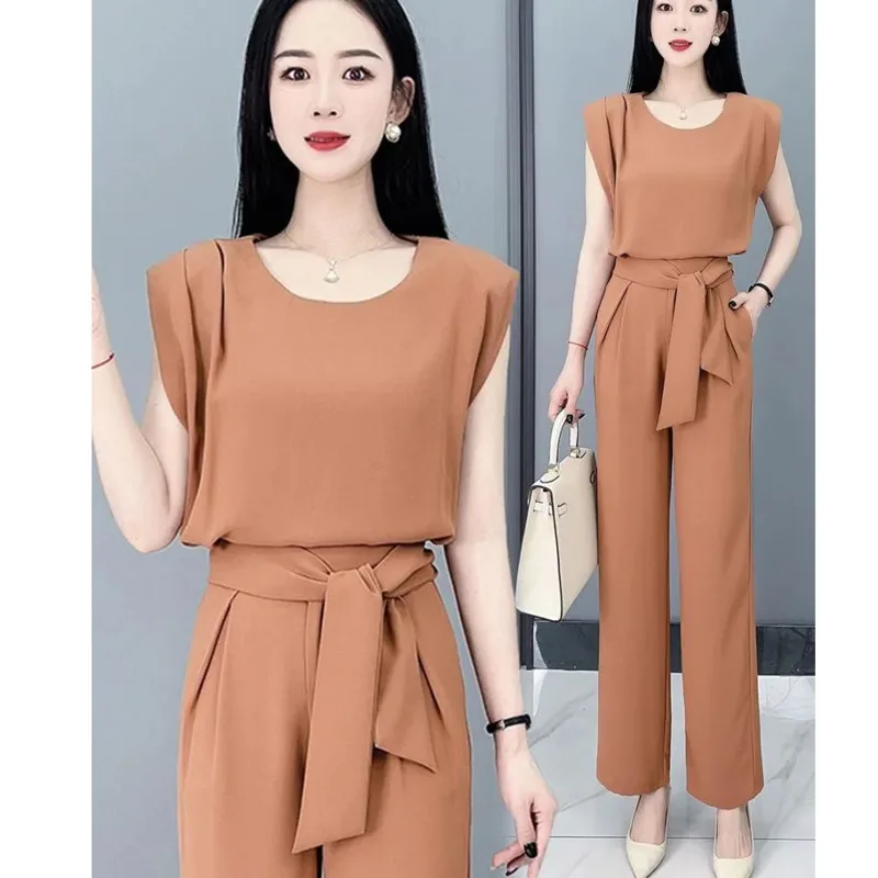 Women\'s Summer New Korean Fashion Casual Sagging Off Shoulder Sleeveless Crop Top And High Waist Wide Leg Pants 2 Two Piece Set