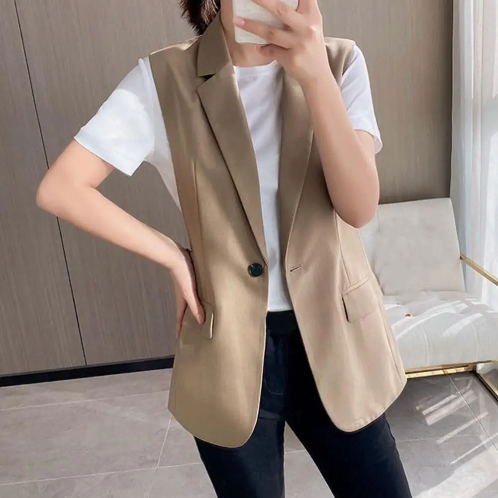 Coat Women Stylish Sleeveless Women's Vest with Turn-down Collar Back-slit Design Elegant Office Suit Jacket for Summer Fashion