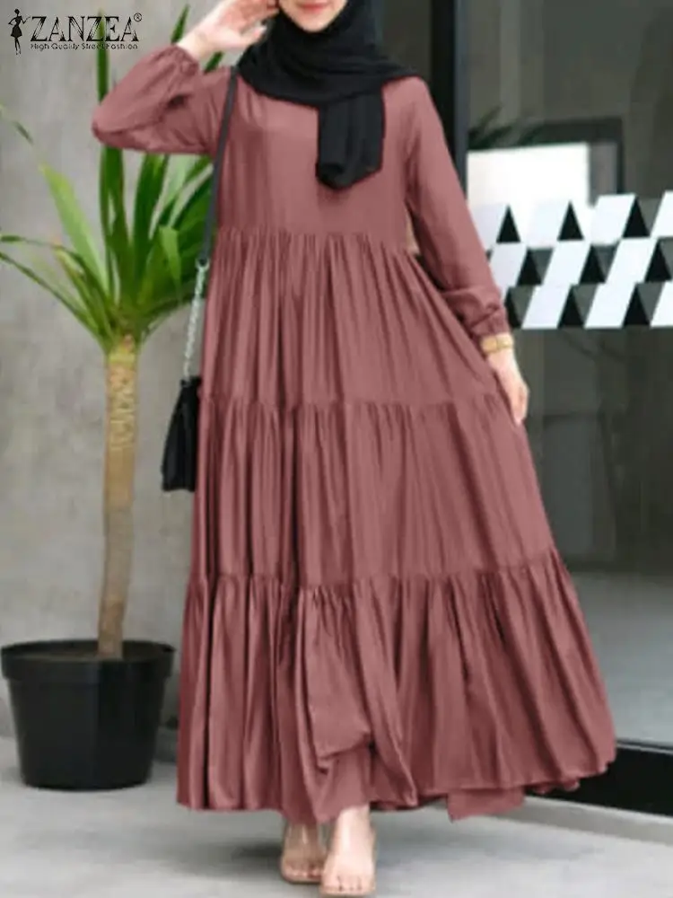 ZANZEA Women Autumn Long Sleeve Casual Sundress Vintage Fashion Loose Abaya Hijab Vestido Ruffles Hem Muslim Dress Robe Femme