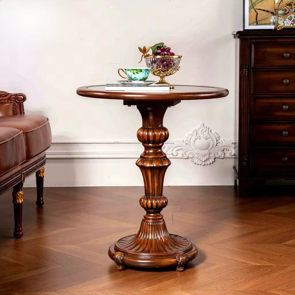 Retro solid wood side table glass countertop round coffee table antique engraving base