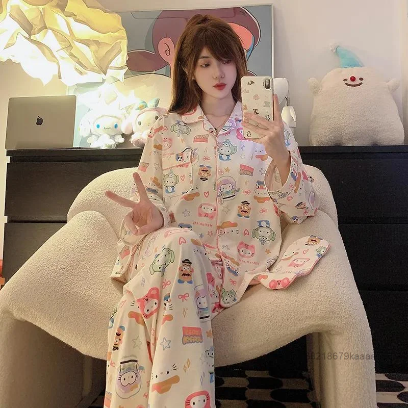 Sanrio Hello Kitty Full Printed Cute Cartoon Sleepwear Japanese Style Loose Casual Home Suit Set Women\'s New Long Sleeve Pajamas