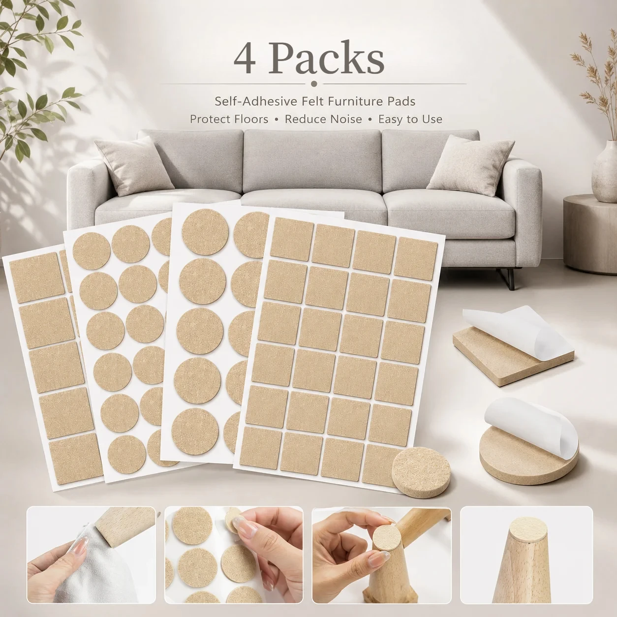 4 Packs Felt Furniture Pads For Hardwood Floors Premium Felt Pads For Chair Legs, Floor Protectors For Furniture