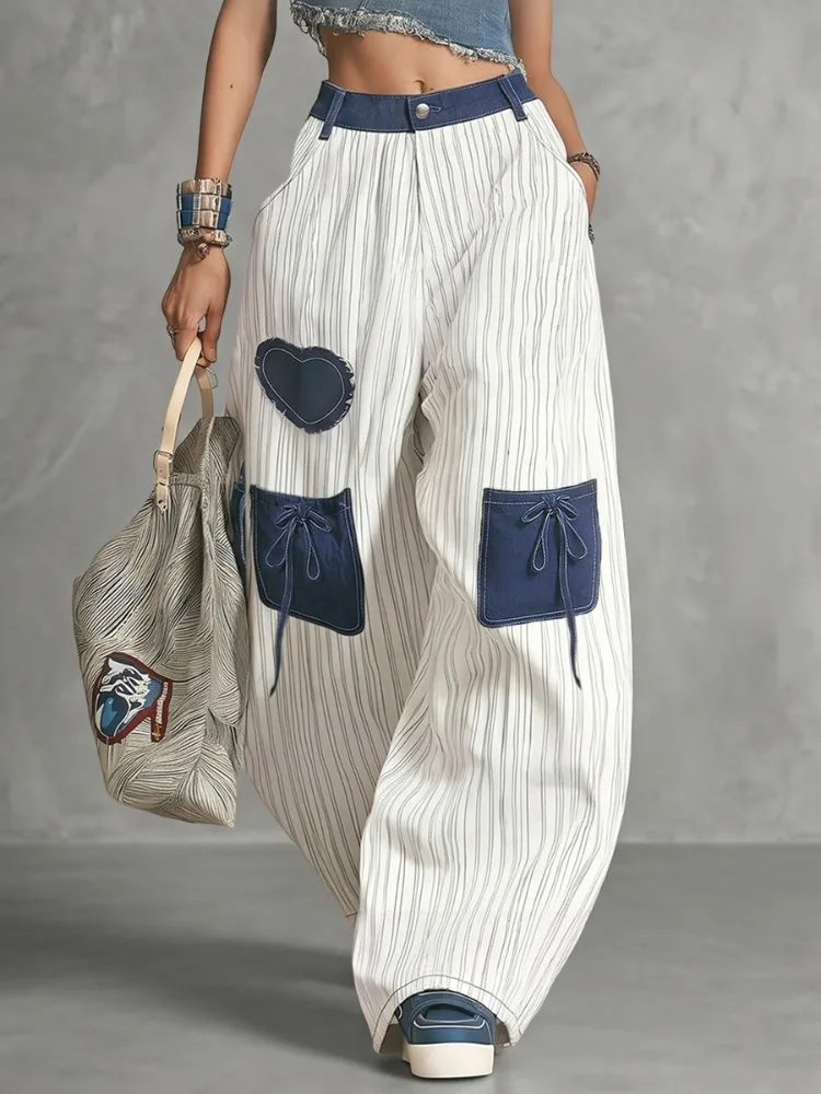 UOOZEE Women's Fashion Stripe Denim Patchwork Heart Applique Wide Leg Pants Loose High Waisted Y2K Streetwear Trousers Bottoms