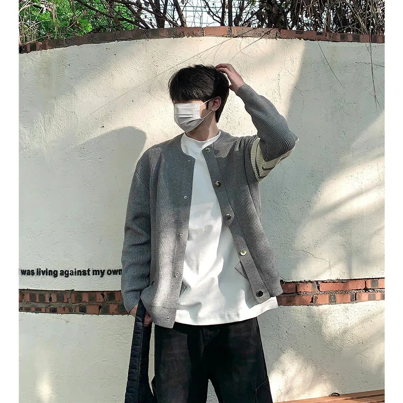 Gray Open Cardigan Sweater Men's Spring Autumn Loose Knitted Baseball Style Four Stripe American Casual Fashion Outerwear