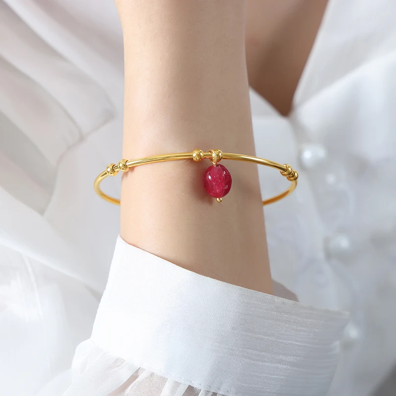 Simple Cuff Bracelet For Women Gold Plated Stainless Steel Red Agate Blue Natural Stone Pendant Wristband Women Bangles Jewelry