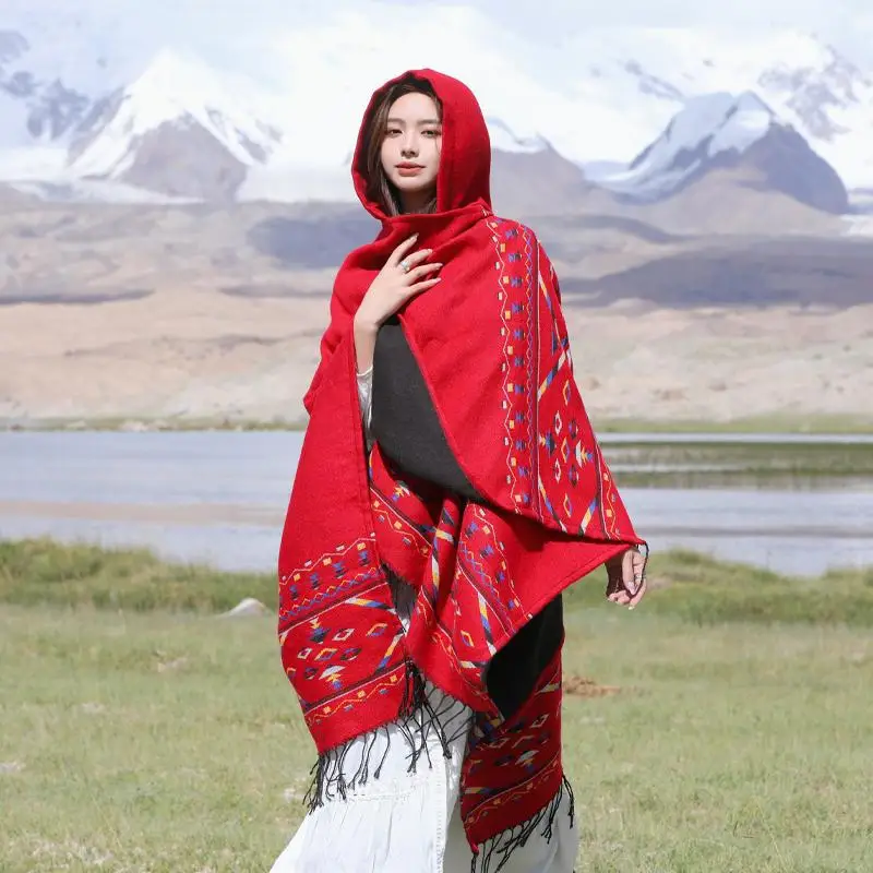 Poncho de imitación de Cachemira para mujer, capa de Turismo de estilo étnico, bufanda gruesa con capucha, capa de foto con chal de punto