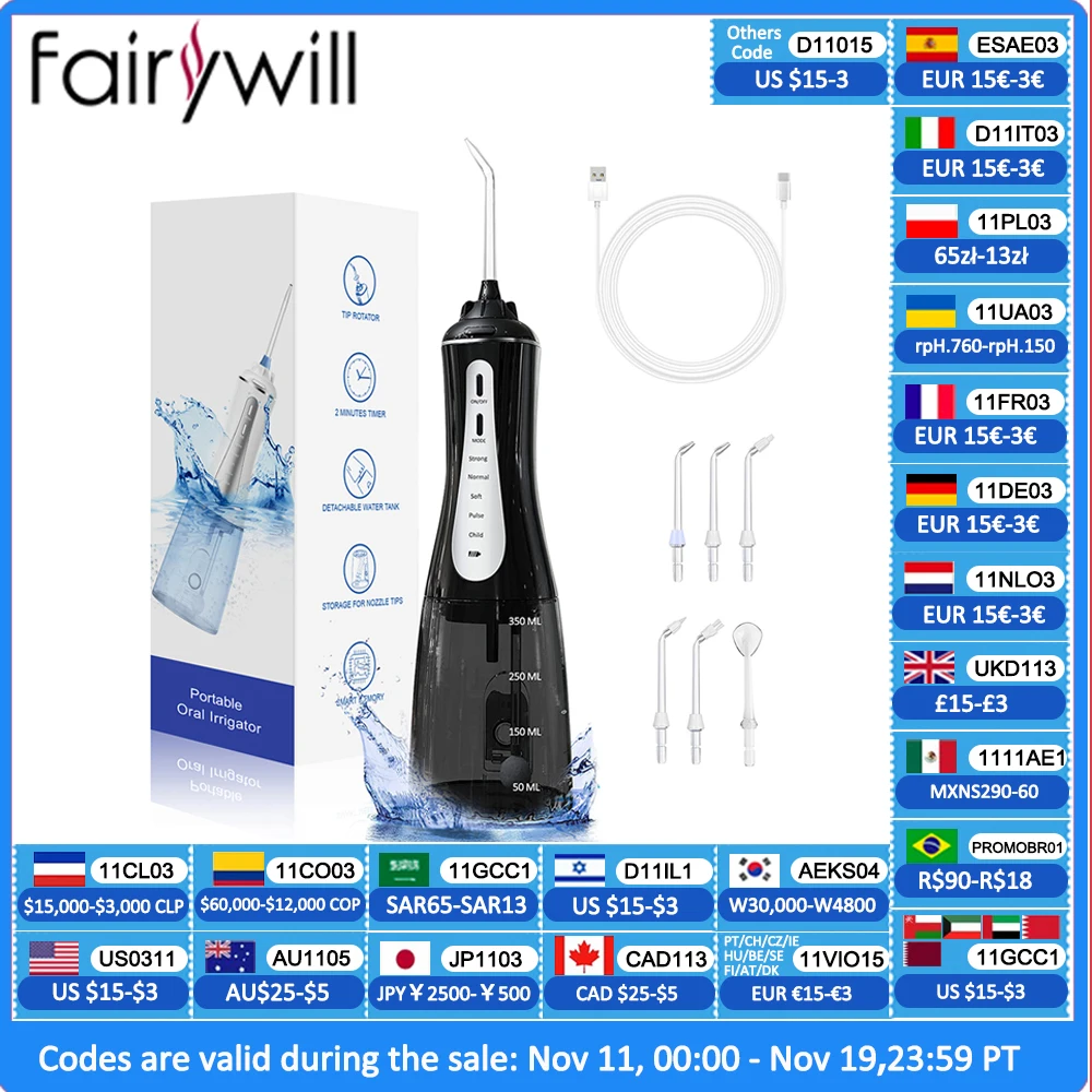 

Ирригатор для полости рта Fairywill, 5 режимов, 350 мл