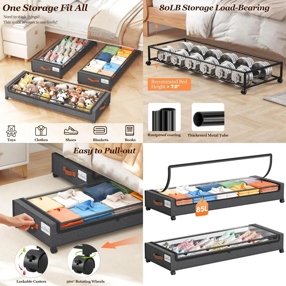 

2 Pack Large 85L Under Bed Storage Boxes with Wheels, Metal & Clear Lid, Organizer for Clothes, Shoes, Blankets in Hemp Grey