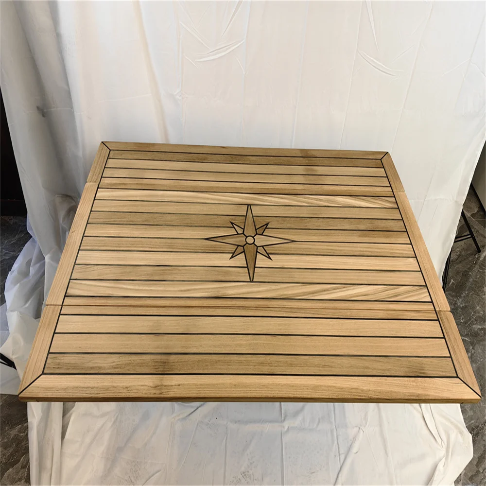 Folding Wings Teak Table Top 450/900x1250mm,17.7/35.4x49.2 Inch Rectangular Star Inlay Marine Yacht RV TW45125