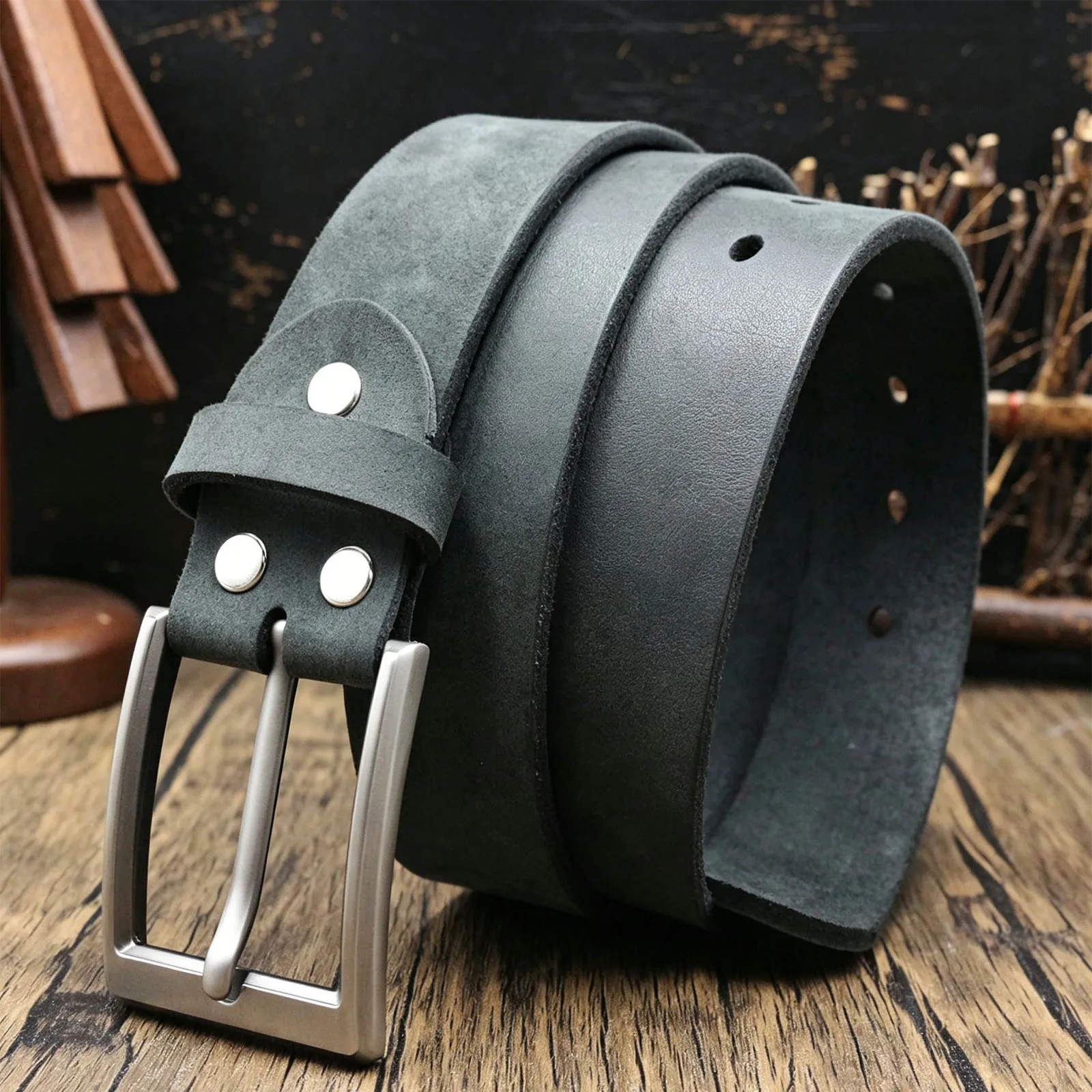 Men Full Grain Genuine Leather Belt Croc Embossed Texture Retro Cowboy Style Pin Buckle Daily Wear Waist Strap