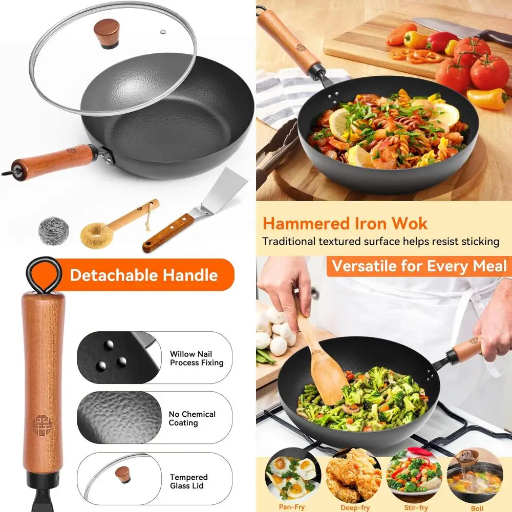 

Uncoated Unseasoned Iron Skillet with Glass Lid and Griddle Spatula - Flat Bottom Frying Pan for Induction Gas Electric Cooking,