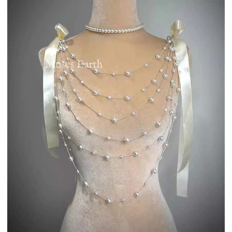 

Ballet Pearl Blouse Folded With Pearls Bow Eegant Banquet Accessories Exaggerated Stage Wearing