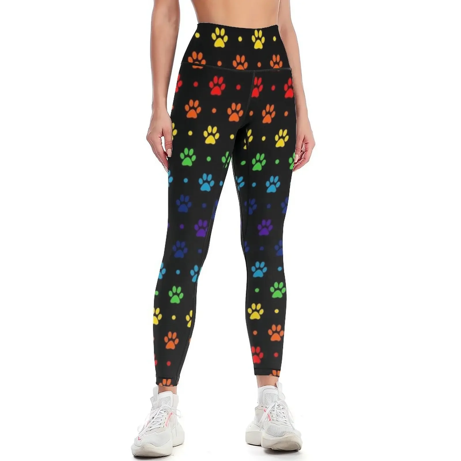 

Black Rainbow Paw Prints and Polka Dots Pattern Leggings sportswear for gym sports shirts gym trousers Womens Leggings