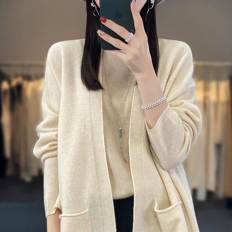 Spring and Autumn Clothing Women\'s V-neck Knitted Cardigan 100% Merino Wool Sweater Fashion Casual Loose Korean Large Coat