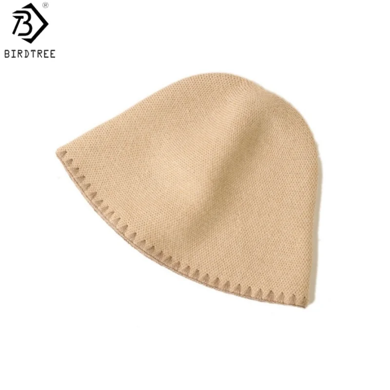 BirdTree, 100% Cashmere Knitted Hat, Women's Hand-hook Edge Warmth Hat, Outdoor Chic Solid Cap, 2026 Autumn Winter New S68308JF