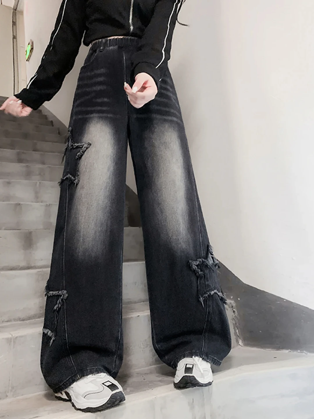 Loose Fleece-lined Straight-leg Wide-leg Pants High-waisted Vintage Denim Jeans for Junior High School Students Autumn Winter...