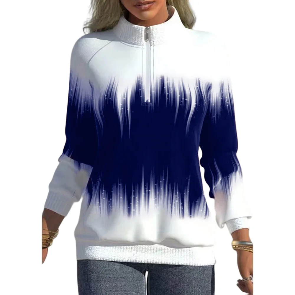 Zip Sweatshirt Winter Gradient Printing Tops Fashion PocketLong Sleeve Pullover  Casual Half Turtleneck Hoodie Women Clothes