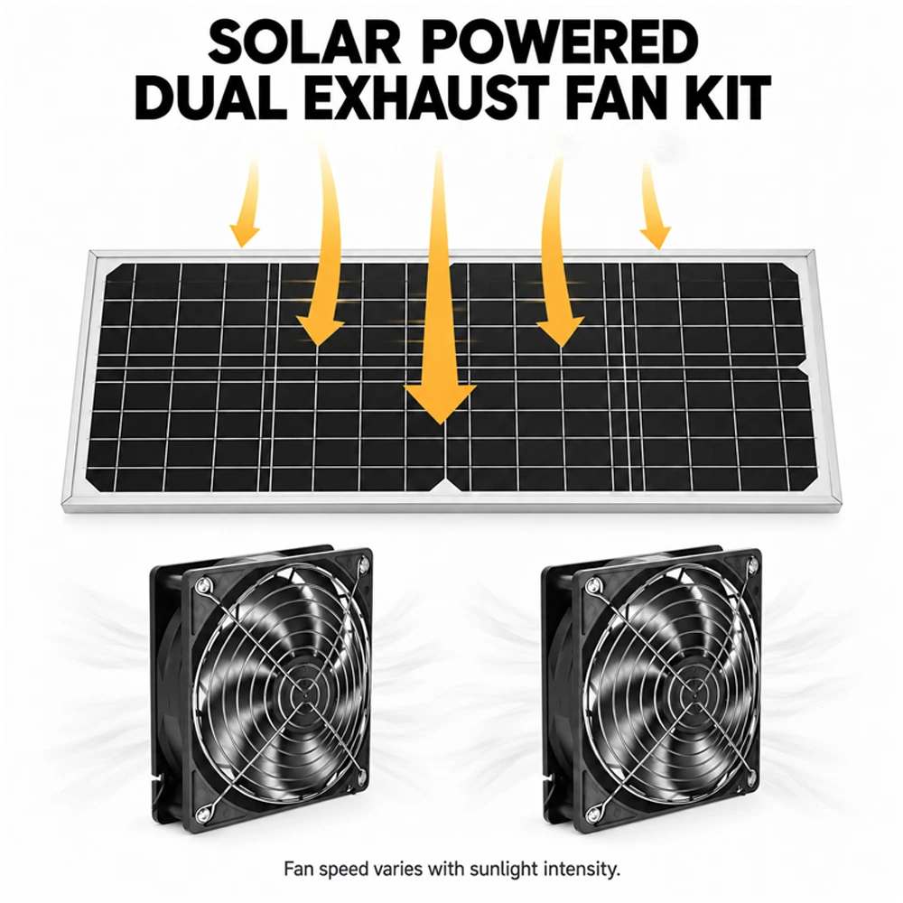 Solar Powered Dual Exhaust Fan Solar Panel Fans 18V 16W Solar Panel + Dual Air Extractor for Shed Attic Greenhouse Animal House