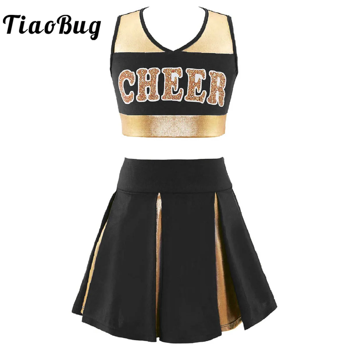 

Kids Girls Cheerleader Costume Shiny Bronzing Carnival Party Halloween Cosplay Dress Up Cheerleading Clothes