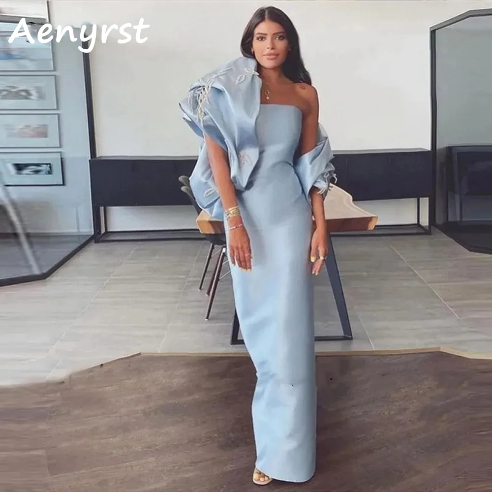 Aenyrst Elegant Blue Boat Neck Prom Dresses Satin Straght With Cape Evening Gowns Ankle Length Party Dress Long فساتين السهرة