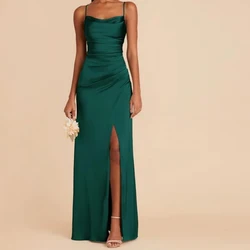 Elegant Party Dresses Woman 2024 Spaghetti Strap Side Silt Straight Square Neck Floor Length Sleeveless Solid green Bridesmaid