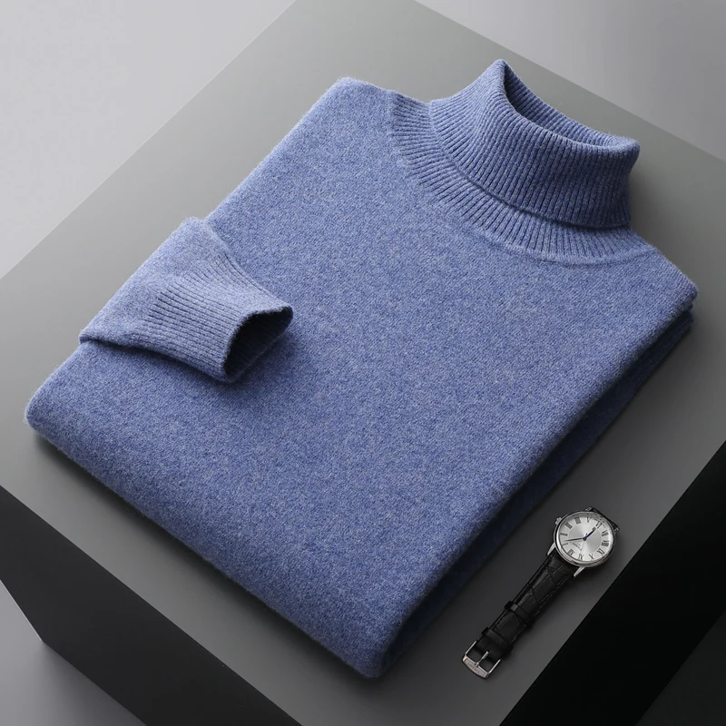 100% Merino Wool Sweater Men\'s Turtleneck Thickened Tops Autumn Winter New Soft Warm Casual Solid Color Knitted Pullover