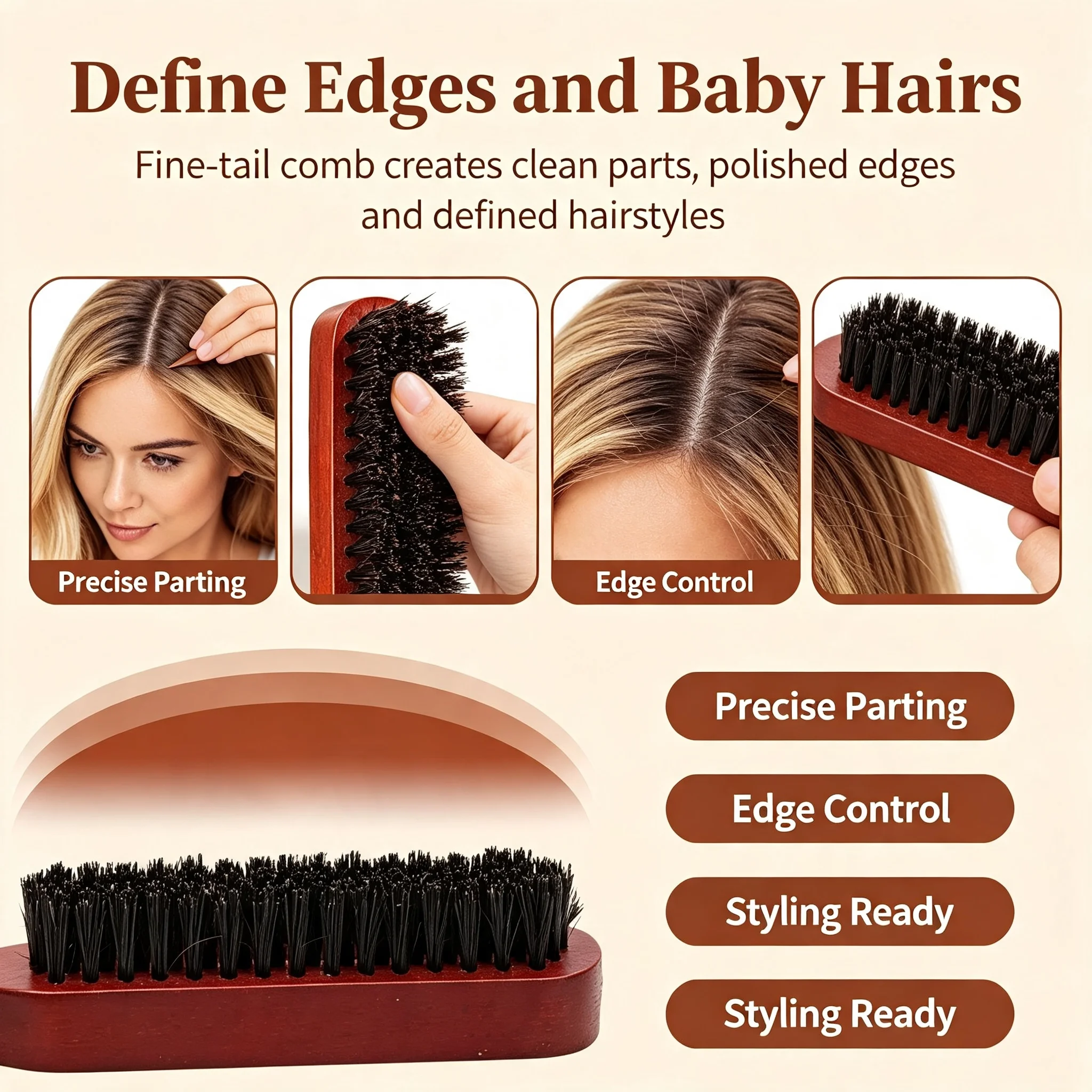 1/2-Pack Wooden Bristle Hair Brush Anti Static Massage No Tug Edge Control Frizz Tool for Coarse Curly Hair Salon Daily Use