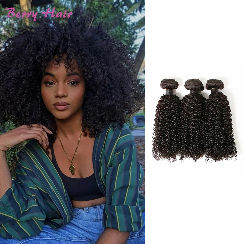 Brazilian Kinky Curly Human Hair Bundles Natural Color 3 Pcs Remy Human Hair Weave Kinky Curly Bundle Hair Extensions for Wome