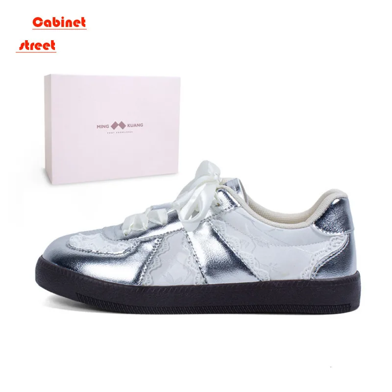 

Lace Edge Real Leather Women Casual Sneakers Silver Lace-up Athletic Low Heels Lace-up Breath Tennis Flats Vulcanize Shoes Pumps