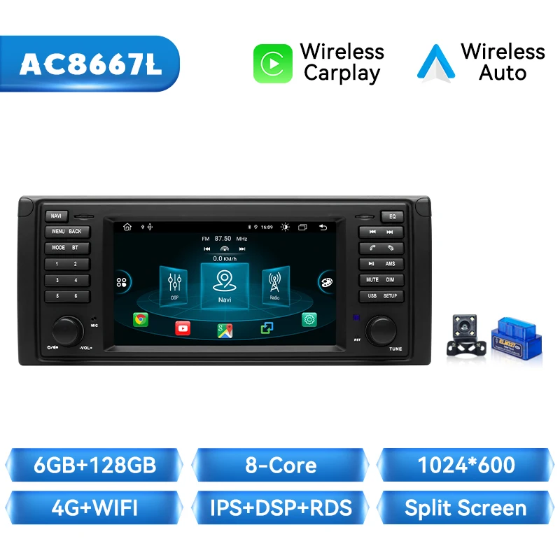 Draadloze CarPlay Autoradio Voor BMW 5 Serie E39 X5 E53 M5 1996-2003 Android 14 8Core 128G Android Auto Multimedia GPS Autoradio