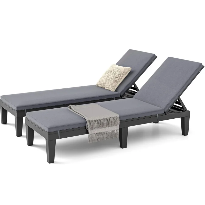 

Set of 2 Black Outdoor Chaise Lounge with Cushion, Patio Chair 5-Level Backrest, Lightweight & Easy Assembly Garden, Pool