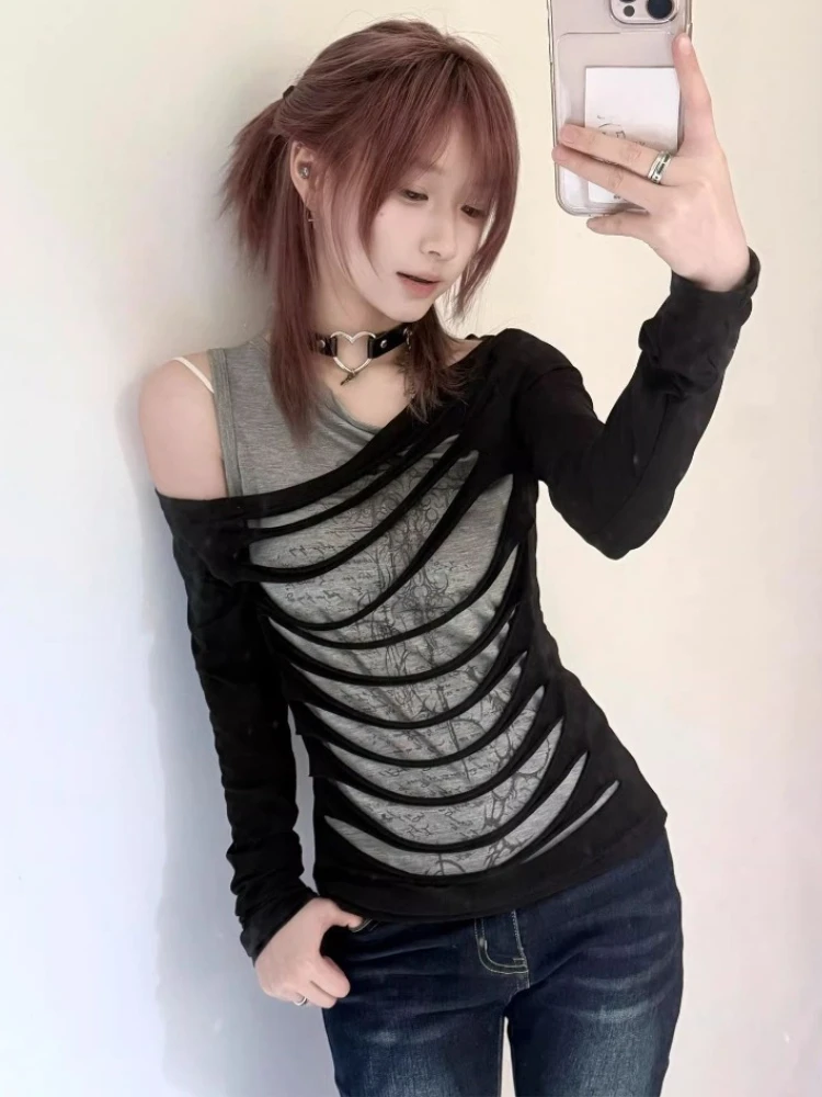 Y2k Subculture Fake 2 Piece Long Sleeve Women Shirts 2000s Harajuku Hot Girl Autumn Tees American Vintage Print Slim T Shirts