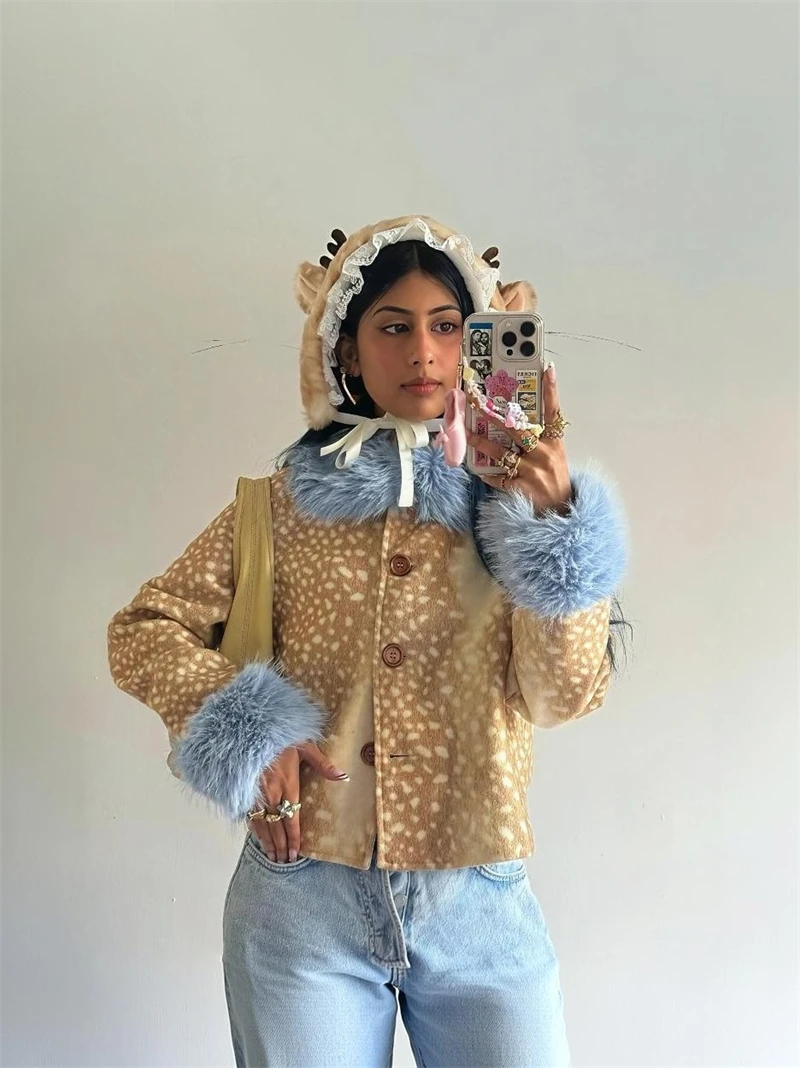 Guobioziy Women's Slim Fit Small Deer Spot Fur Collar Faux Leather Jacket 2026 Autumn/Winter New French Casual Fashion Street