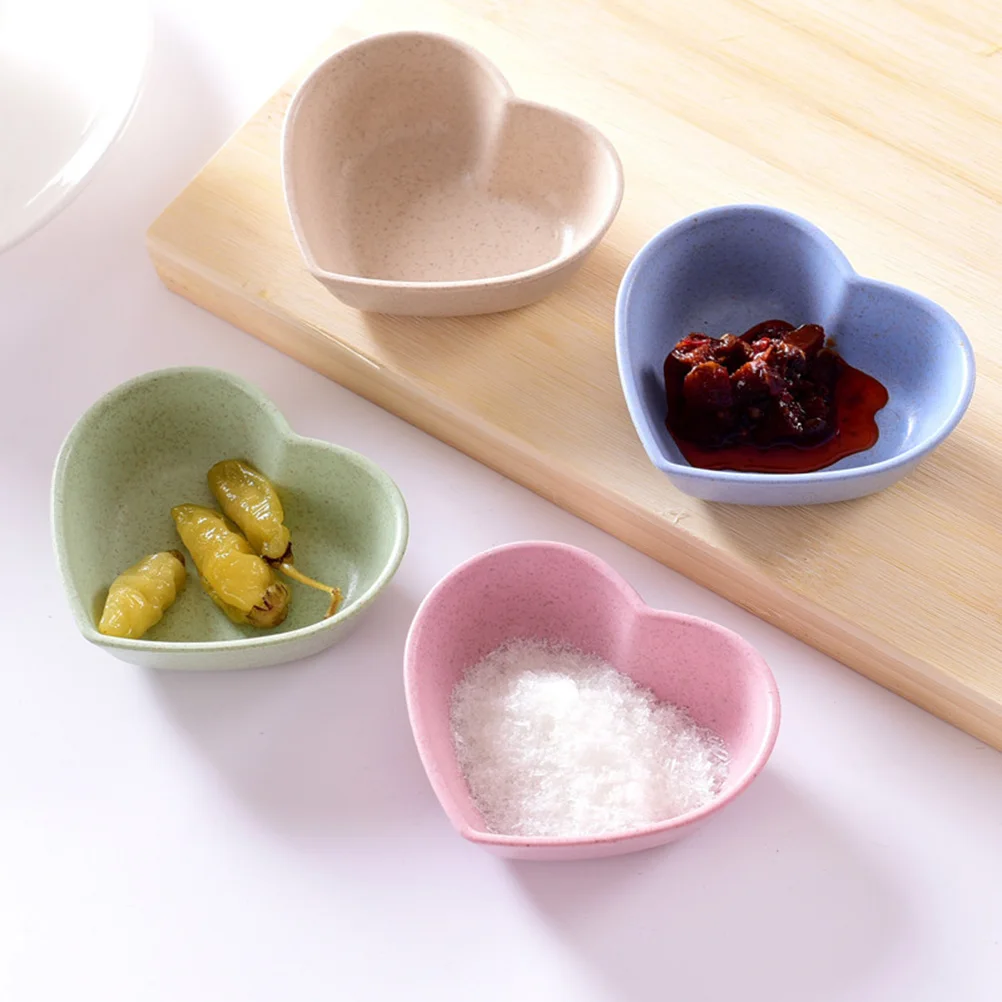 

4Pcs Heart Shape Wheat Straw Sauce Dishes EcoFriendly Condiment Bowls For Kitchen Dining Table Decorative Blue