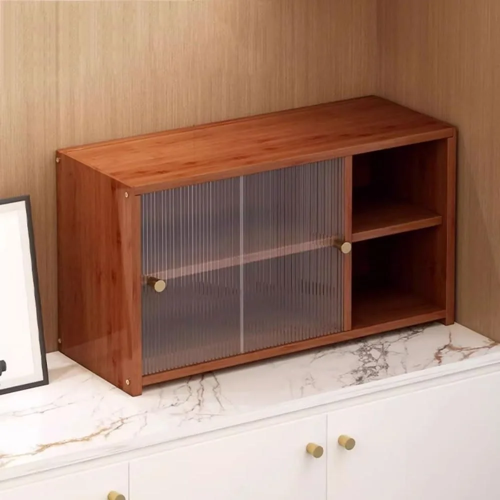 Sliding Door Bamboo Bookcase for Desk Storage and Display, Adjustable Shelves (45x28x34 cm)