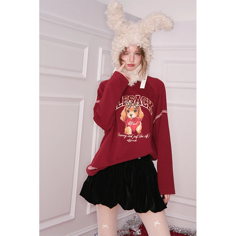 ELFSACK Sweet Velvet Mini Skirt Winter High Waist Blossom Hem Silver Logo Solid Color Retro Versatile Female Skirt