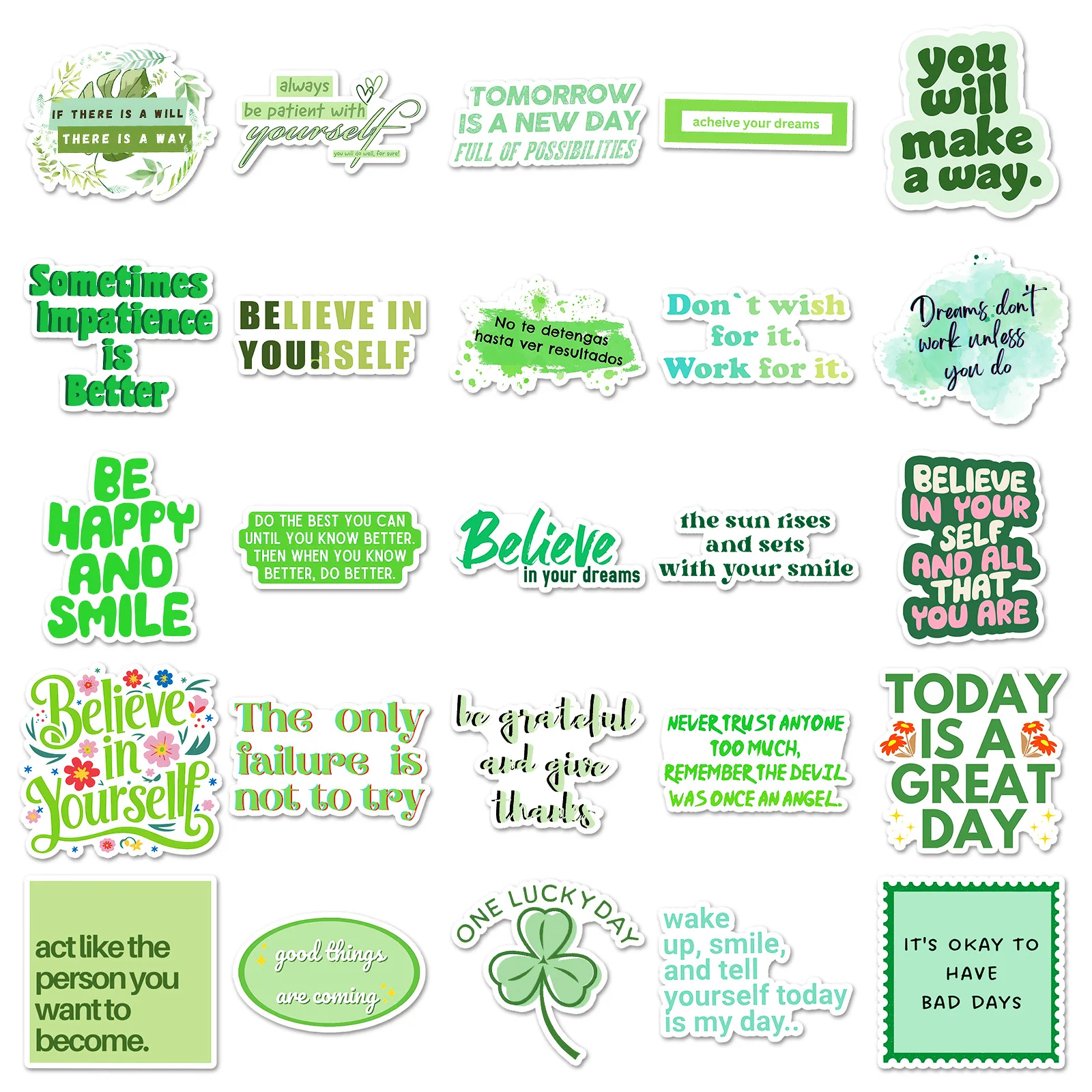 10/50 SZTUK Zielone Inspirujące Angielskie Krótkie Napisy Naklejki Graffiti Wodoodporne Naklejki DIY na Kubek na Wodę, Obudowę Telefonu Komórkowego