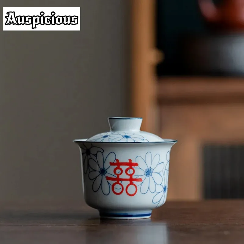 100ml Handwritten Double Happiness Ceramic Tea Tureen Tea Maker Covered Bowl Small Tea Bowl Chinese Gaiwan Kung Fu Tea Set Gifts