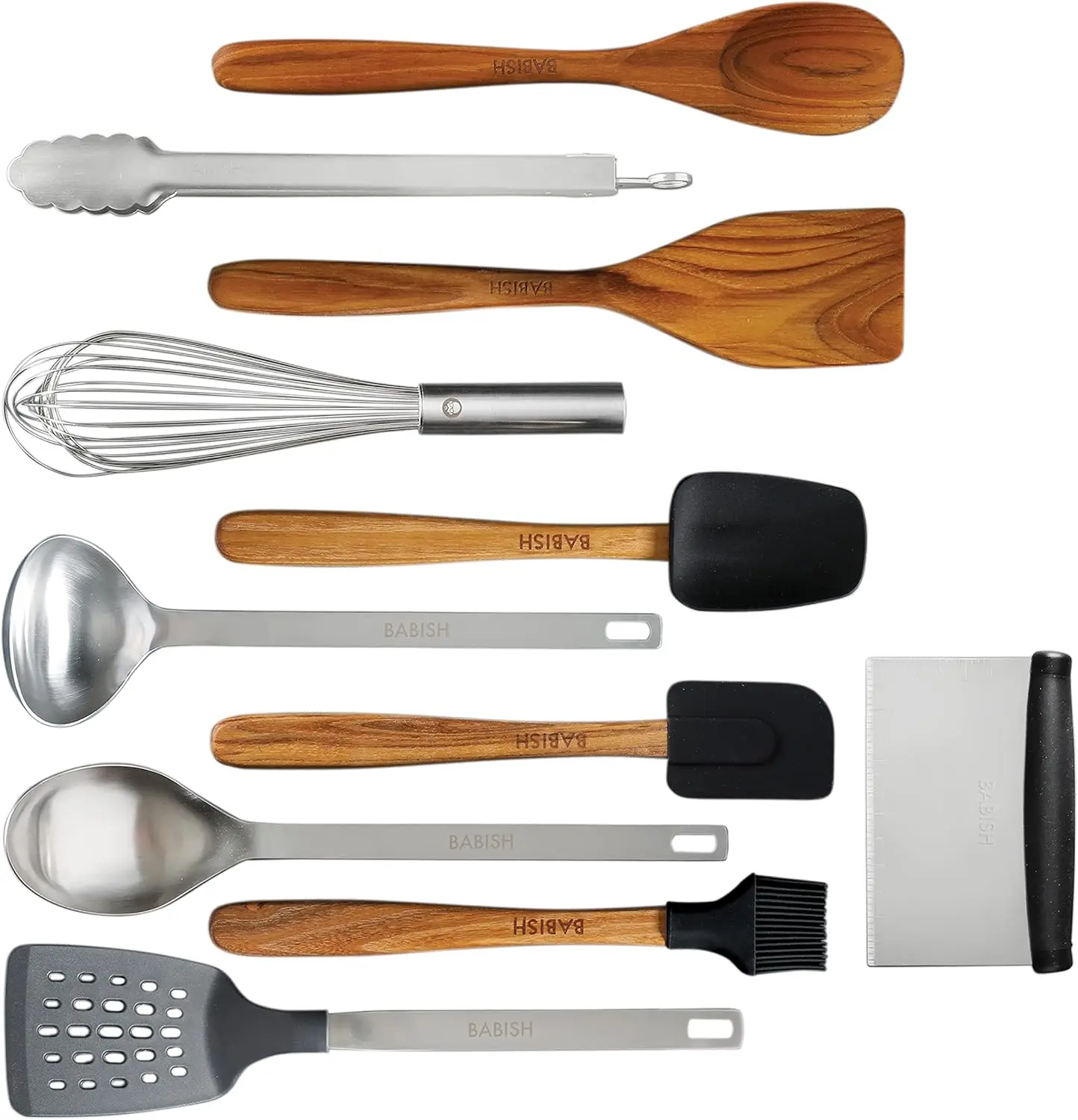 

11 Piece Essential Teak Wood, Silicone, and Stainless Steel Tool Set,Hand wash recommended, Dishwasher Safe