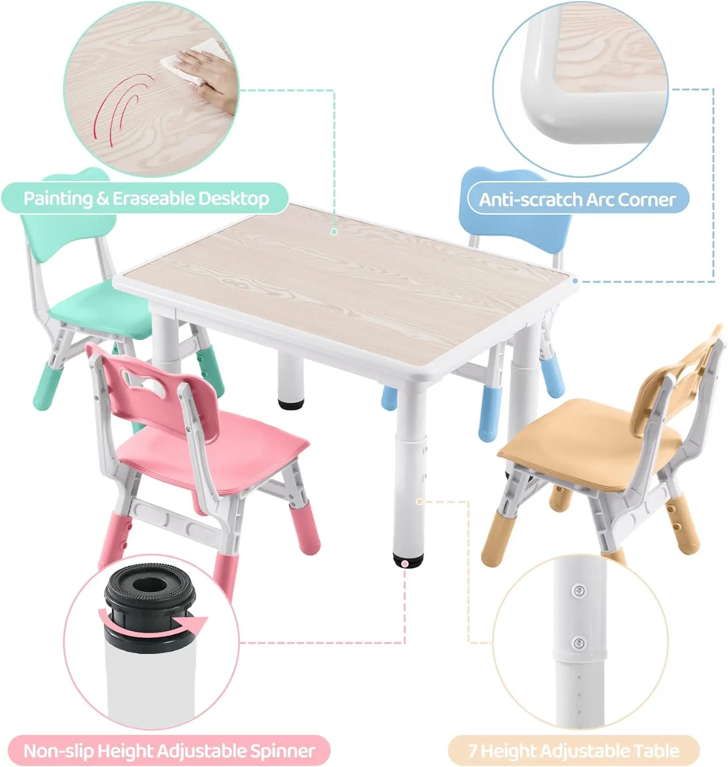 Height-Adjustable Kids Table & 4 Chairs with Graffiti Desk, 31.5'L x 23.6'W for Daycare, Classroom, Home