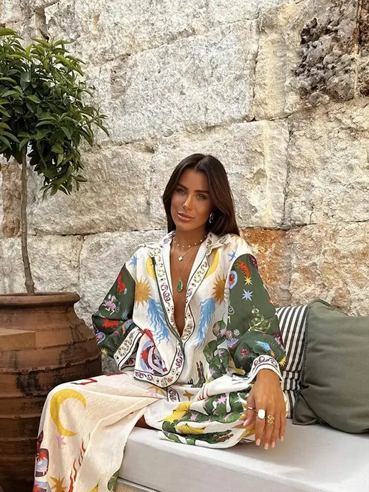 2024 Summer Beach Holiday Outfits Loose Printed 2 Pieces Pant Sets Women Lapel Long Sleeve Blouse High Waist Wide Leg Pants Suit